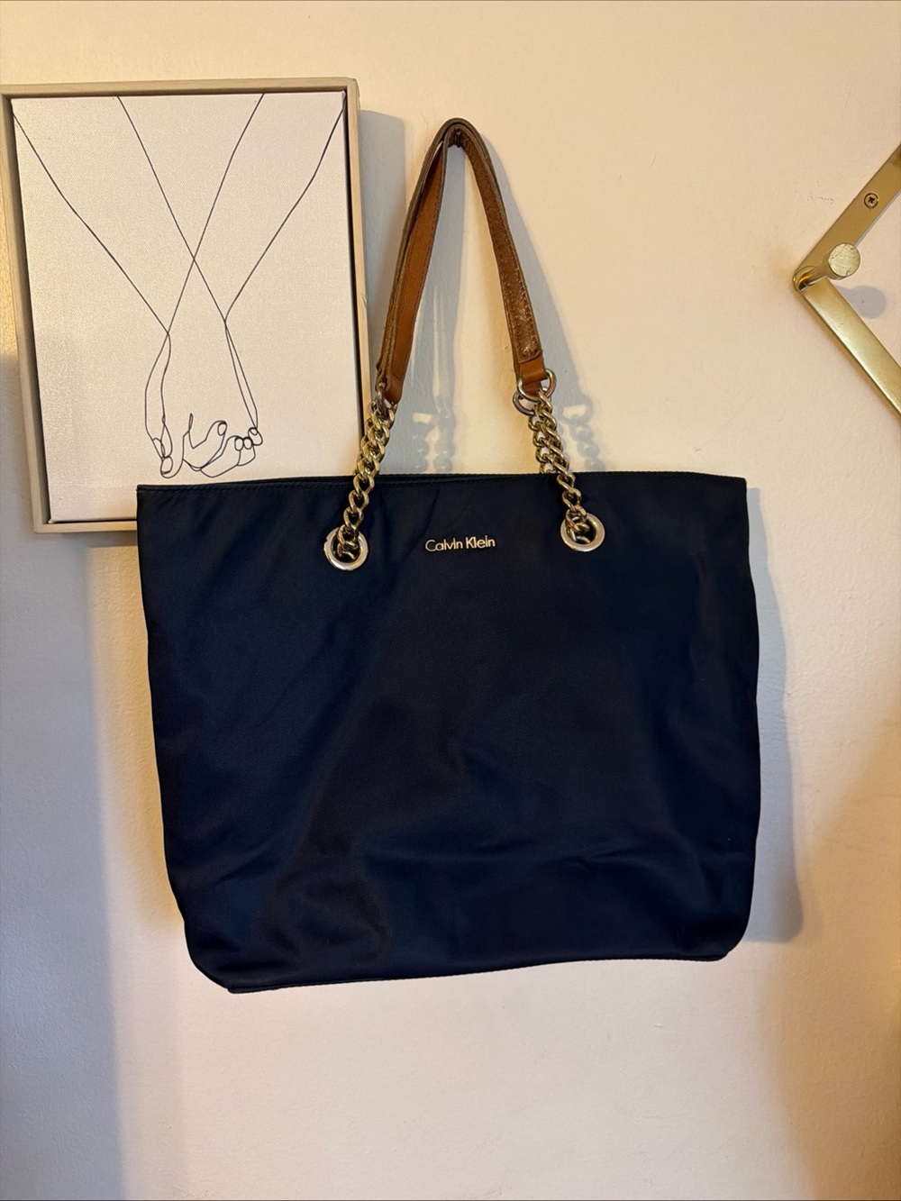 Calvin Klein Navy Tote with Brown Chain-Trim Handles